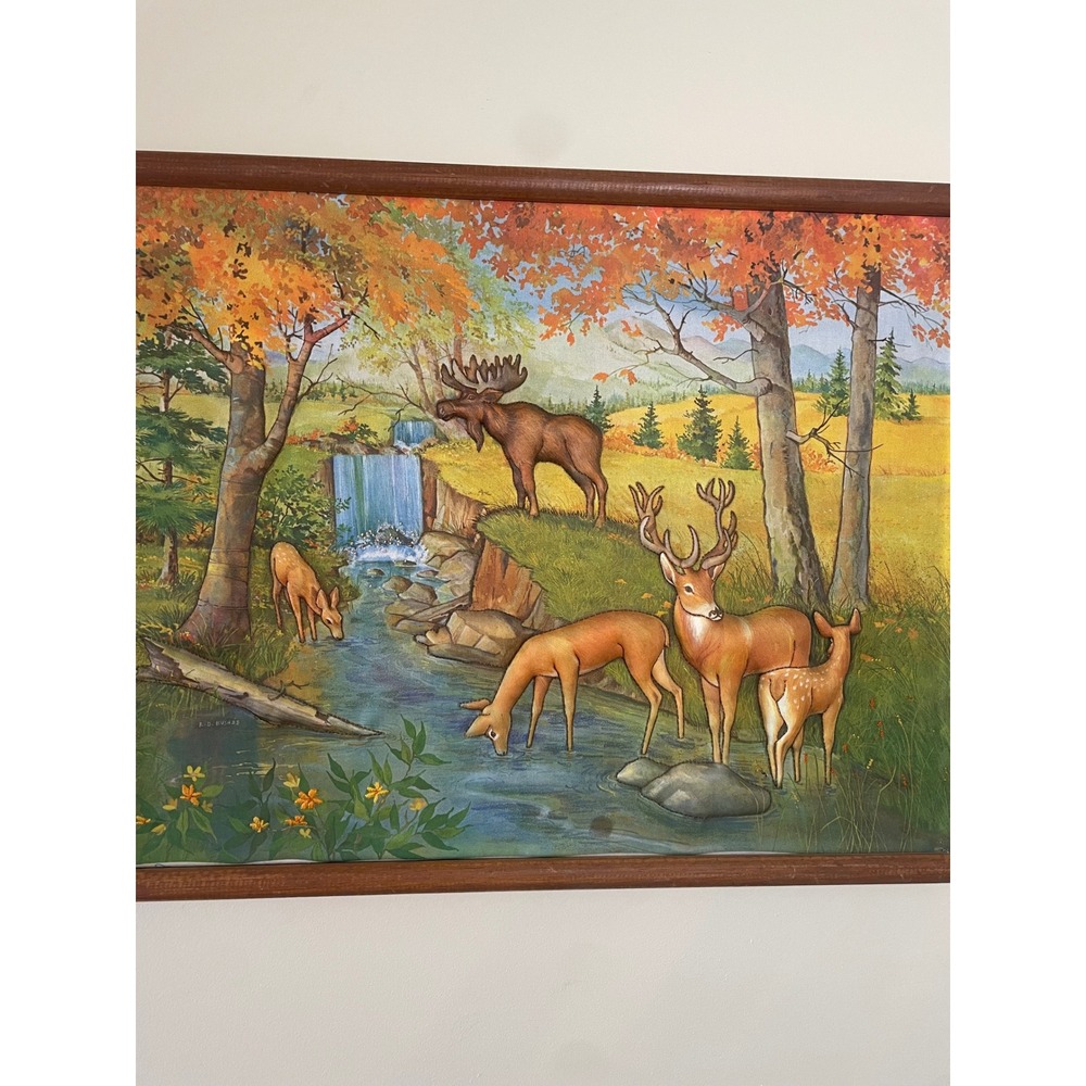 Vintage RD Bushee Wildlife Art Print puffy Framed Deer Waterfall Autumn Scene